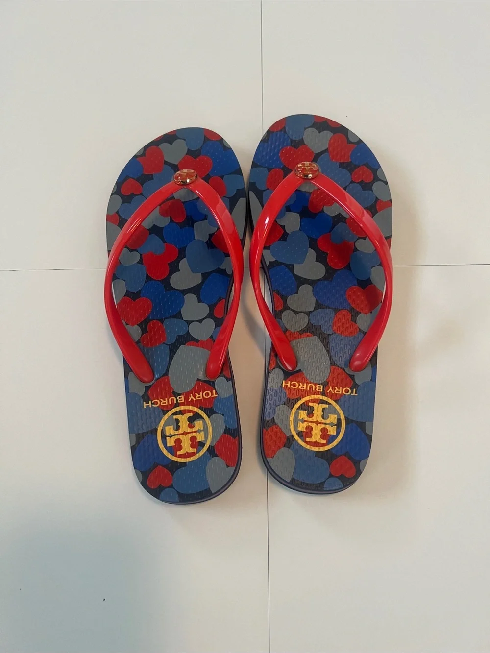 Tory Burch Women’s Navy Heart-Print Flip Flops with Coral Straps